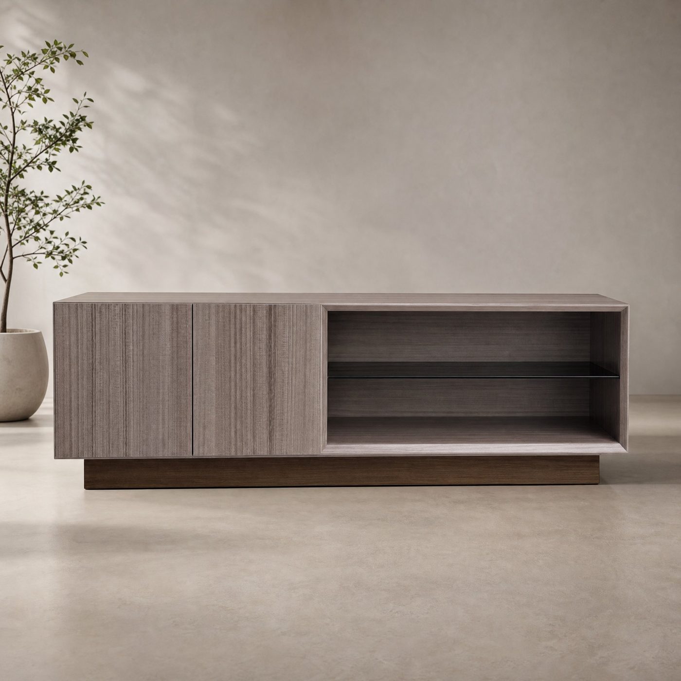 épure TV credenza in figured Italian eucalyptus with glass shelf