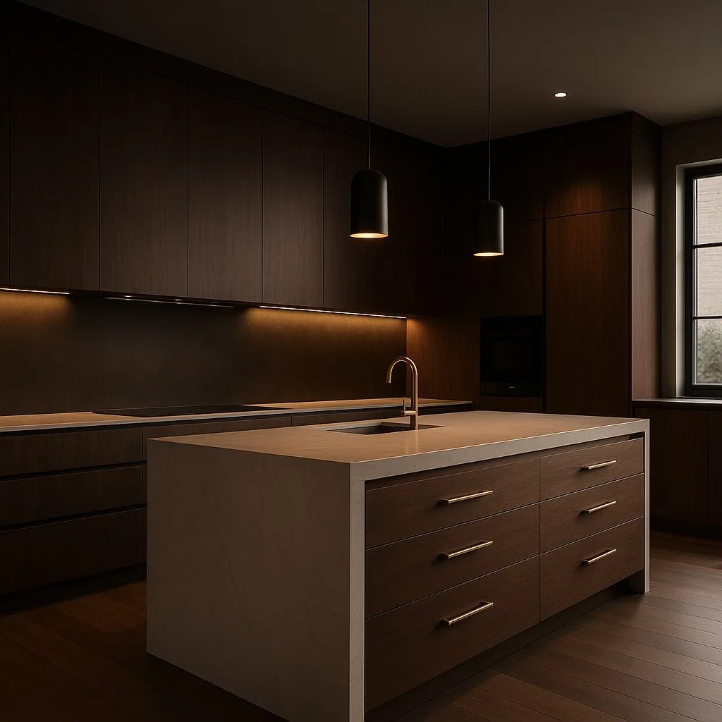 Dark walnut kitchen with brass hardware NYC