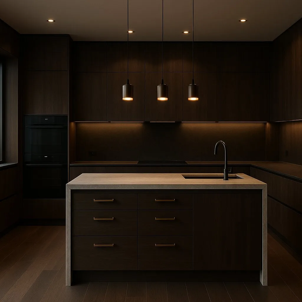 Dark walnut kitchen cabinetry brass hardware island