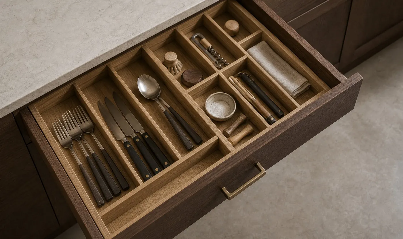 Solid white oak cutlery drawer with custom-fitted dividers