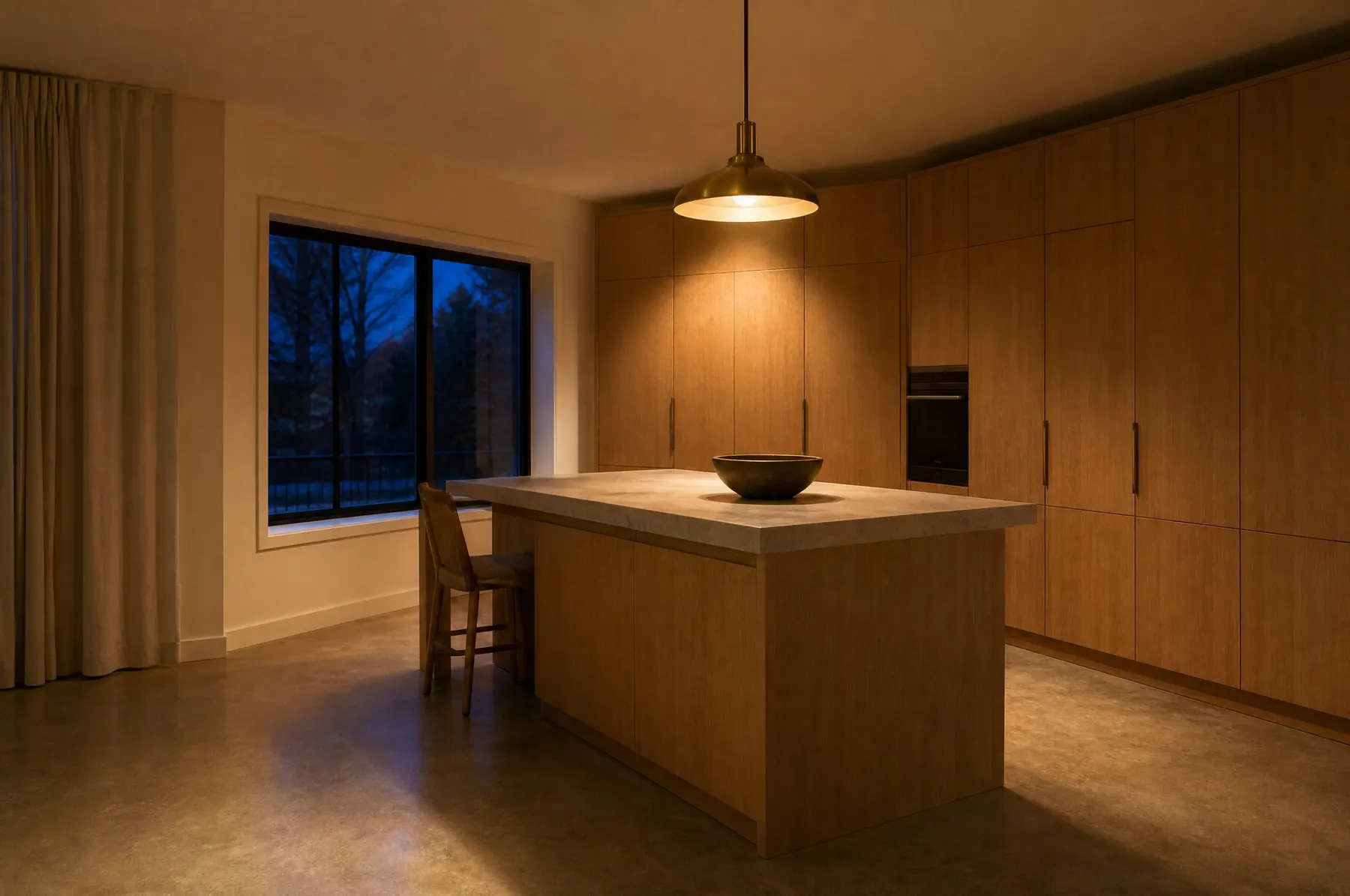 Quartersawn white oak kitchen with stone island at dusk, brass pendant