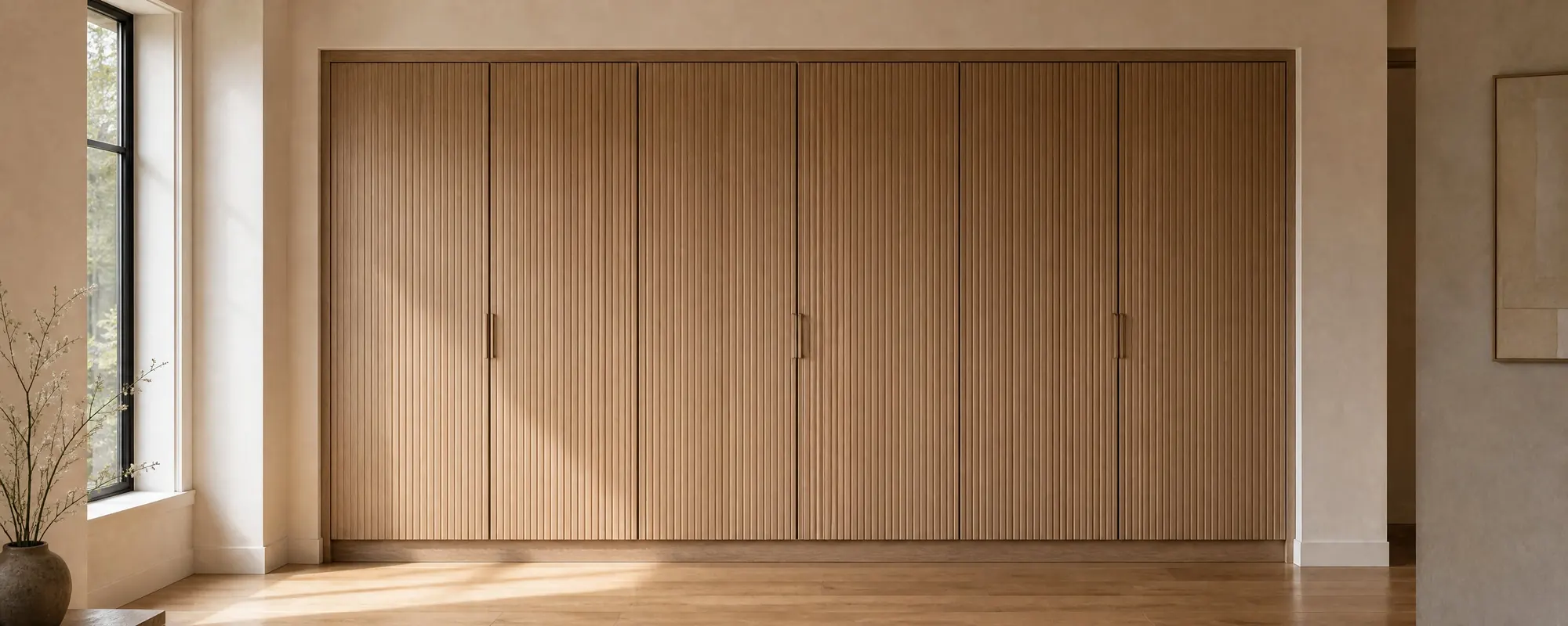 Floor-to-ceiling fluted oak cabinetry wall