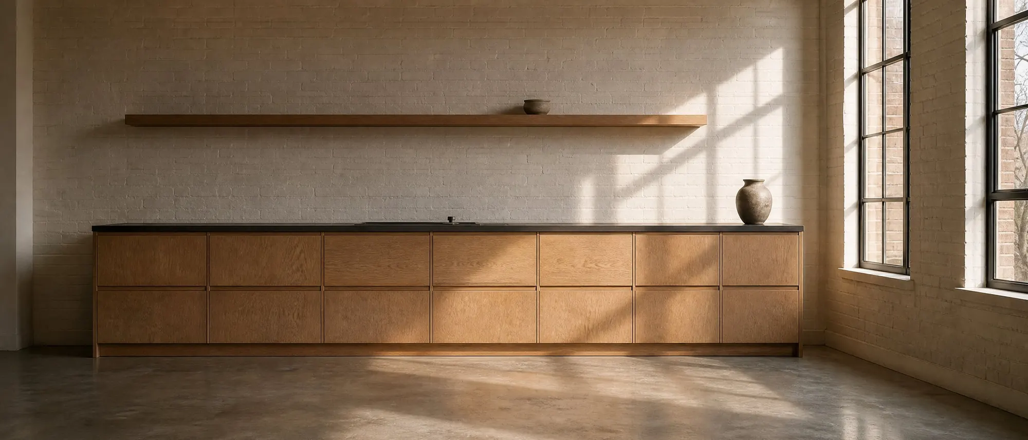 Long white oak kitchen cabinetry run in a loft with brick walls and tall windows