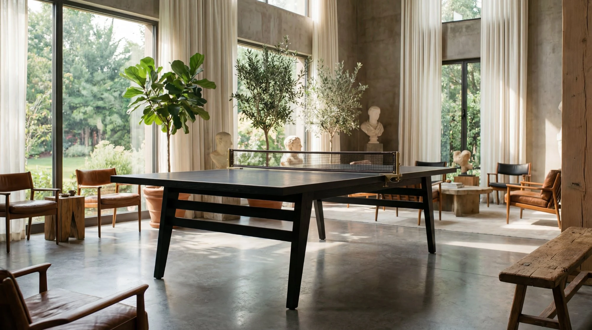 Custom solid white oak ping pong table with brass inlay — épure millwork