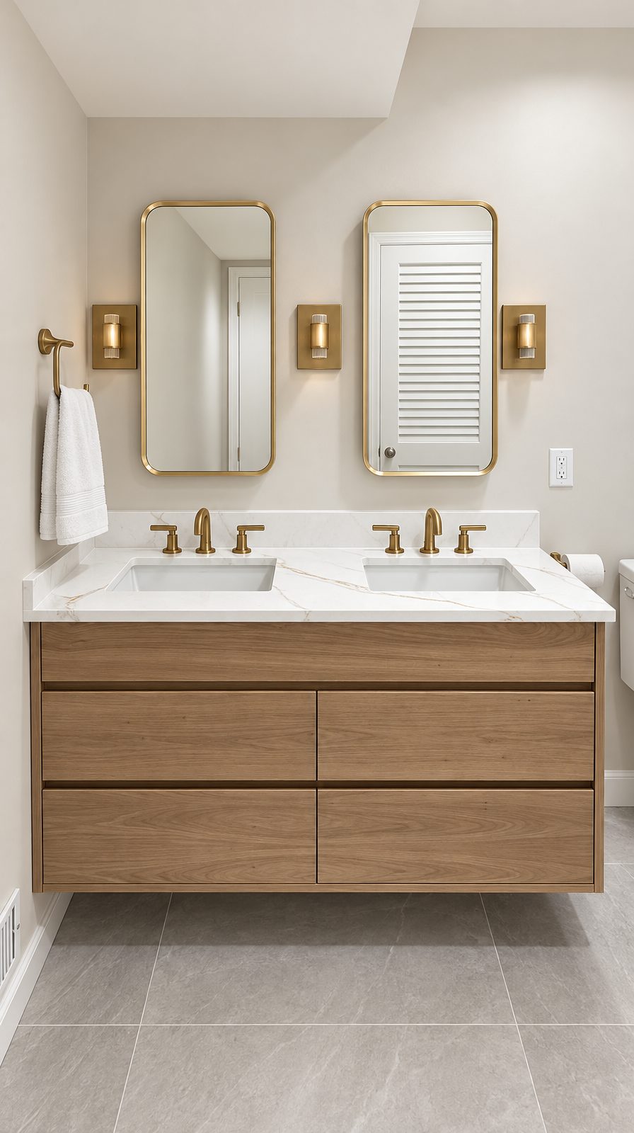 Floating white oak double vanity with a marble top, brass faucets and arched mirrors