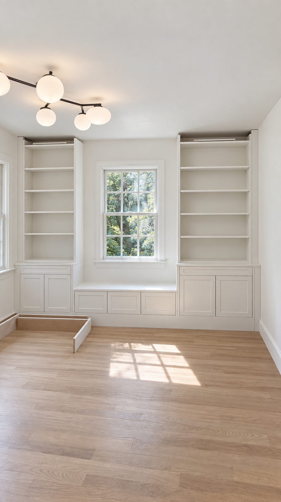 White built-in bookcases flanking a window seat with drawers below