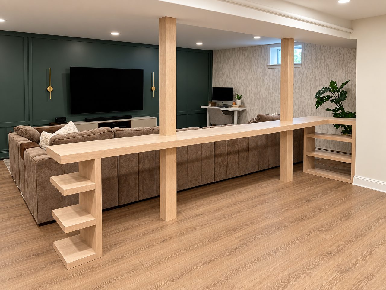 White oak bar counter with stepped end shelves in a lower-level family room