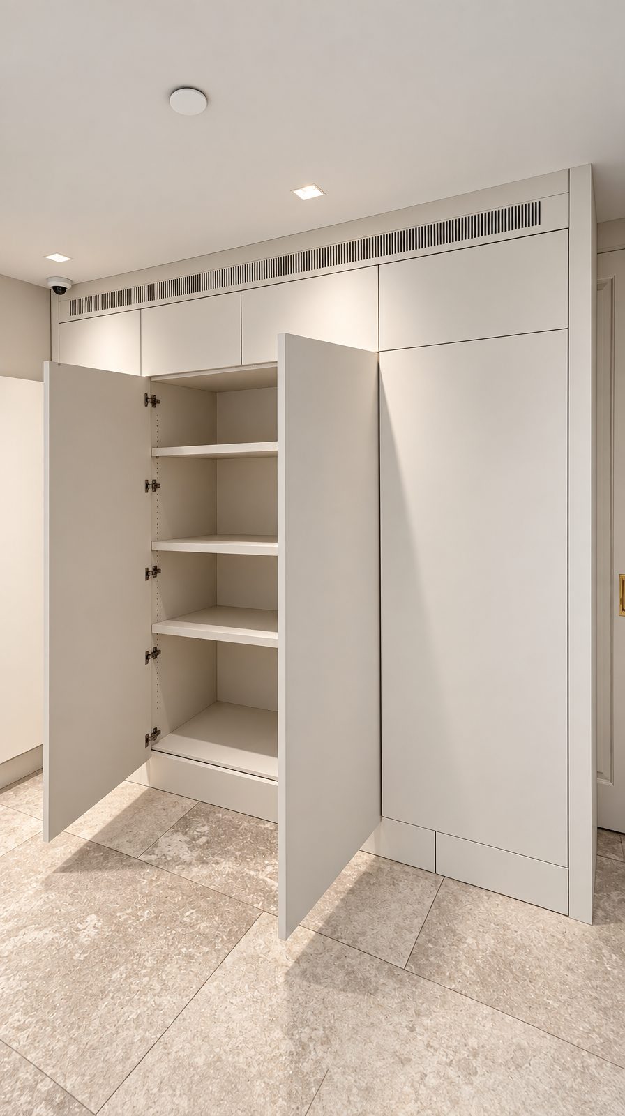 Flush painted wardrobe wall with two doors open to adjustable shelves