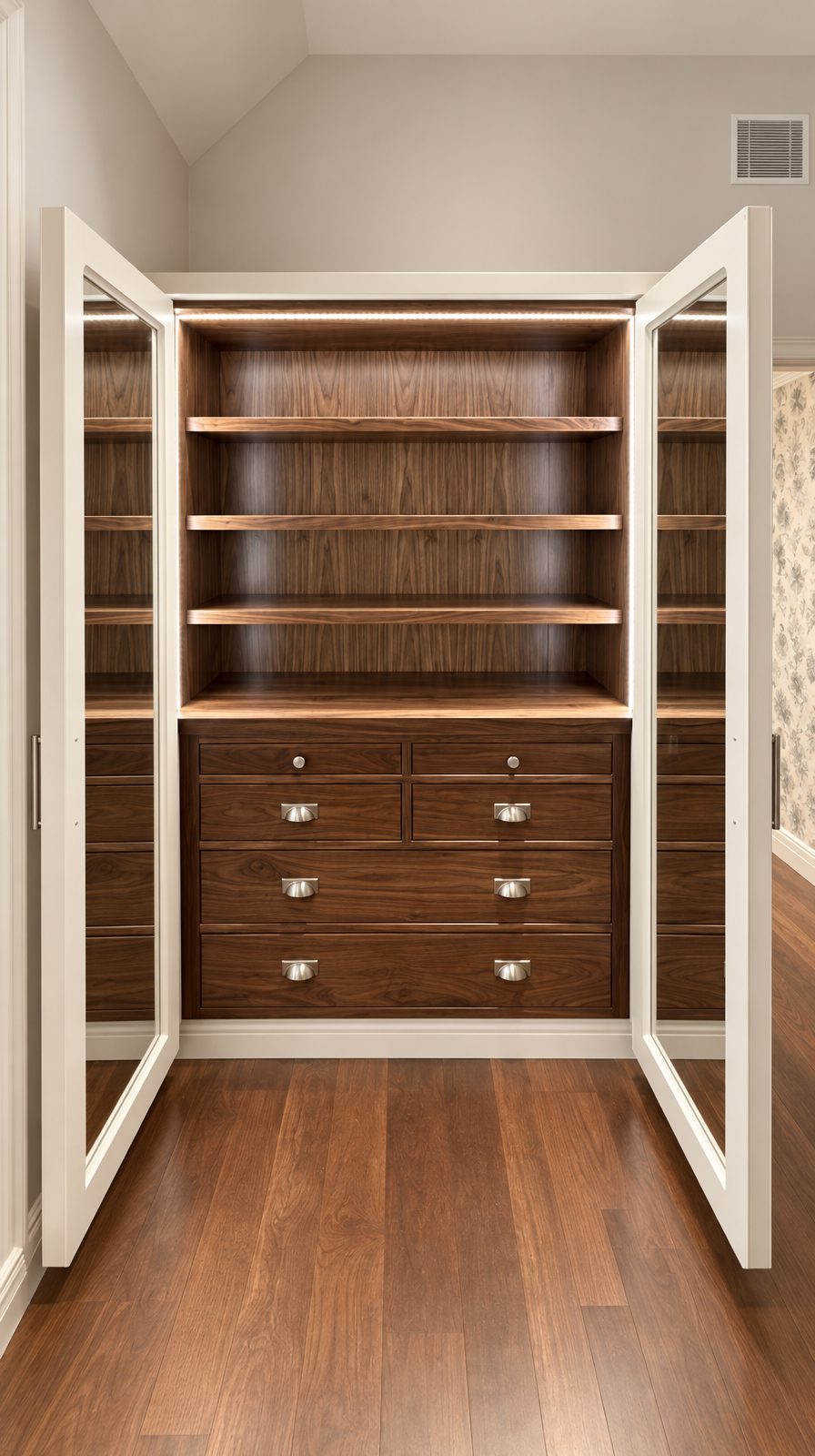 Walnut wardrobe interior with lit shelves and a bank of drawers behind white glass-panel doors