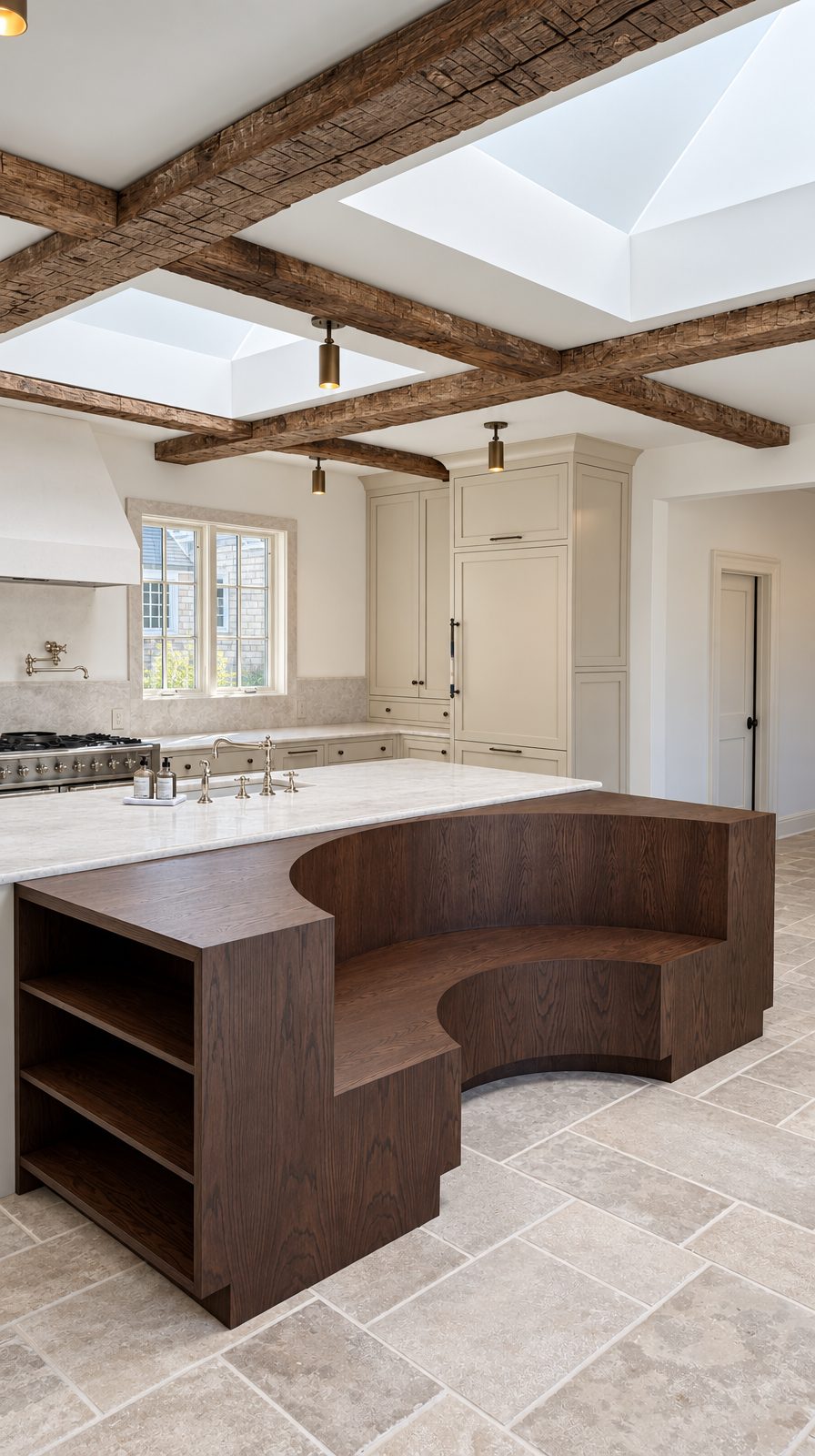 Walnut kitchen island with a built-in curved banquette and open end shelves, under reclaimed beams and skylights