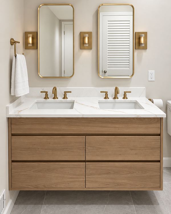 Floating white oak double vanity with a marble top, brass faucets and arched mirrors