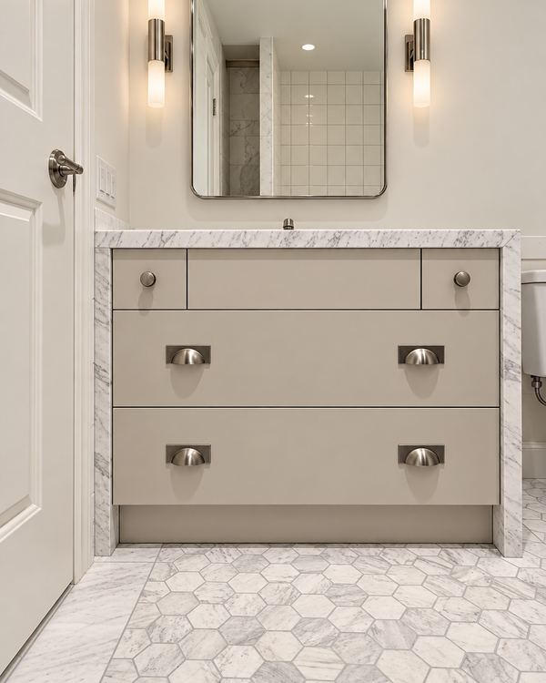 Greige painted vanity with drawers and a marble top on a hexagon marble floor