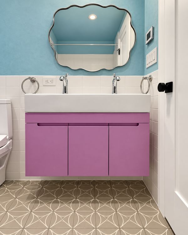 Floating lilac lacquer vanity with a white trough sink under a scalloped mirror