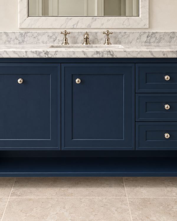 Shaker vanity design shown in navy, with a marble top and an open shelf below