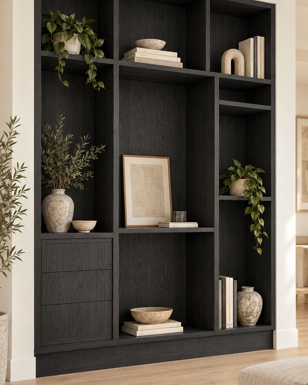 Built-in bookcase design shown in black stained oak, with open shelves and a drawer stack