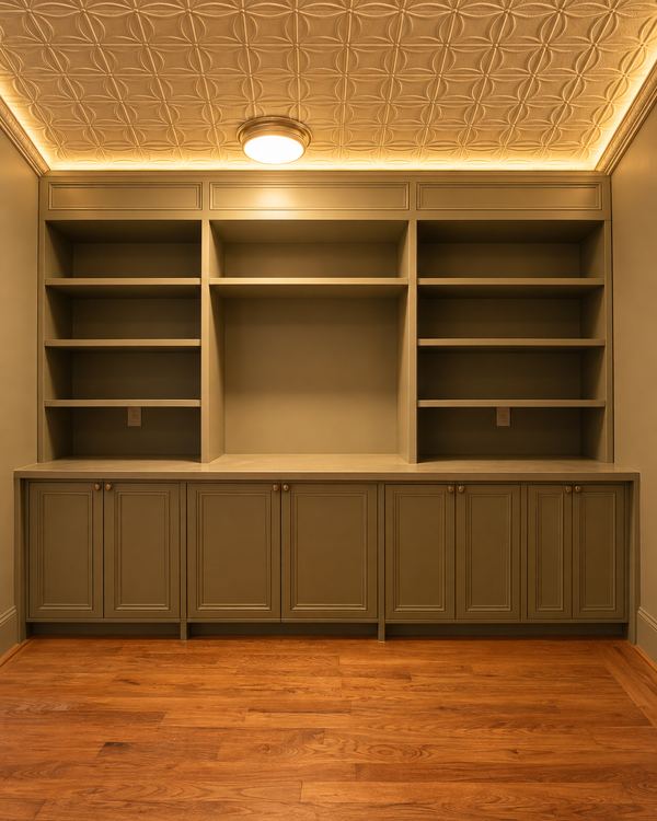 Painted built-in bookcase with lower cabinets under a pressed-tin ceiling with warm cove lighting