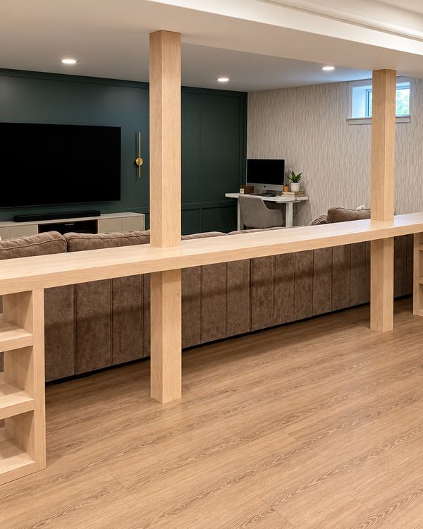 White oak bar counter with stepped end shelves in a lower-level family room
