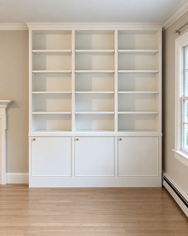 White painted bookcase wall with adjustable shelves above three cabinets