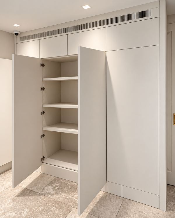 Flush painted wardrobe wall with two doors open to adjustable shelves