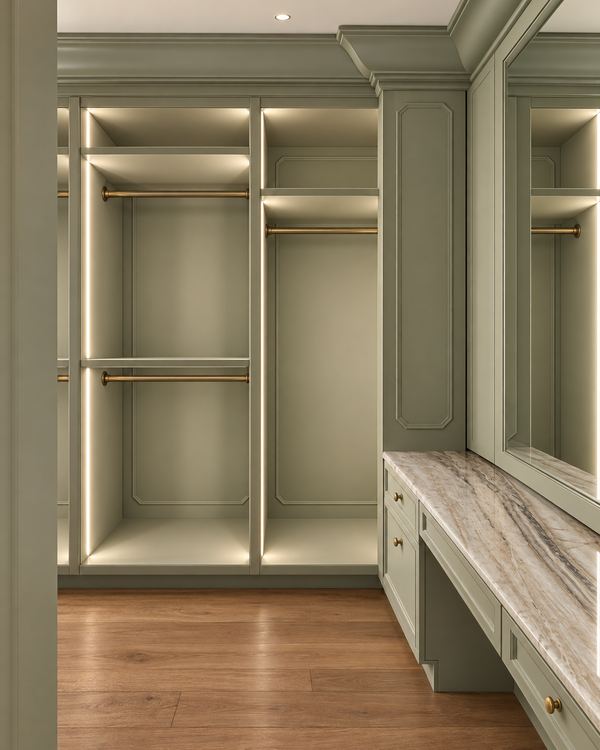 Walk-in closet design shown in sage green, with lit hanging sections, brass rods and a stone-topped vanity