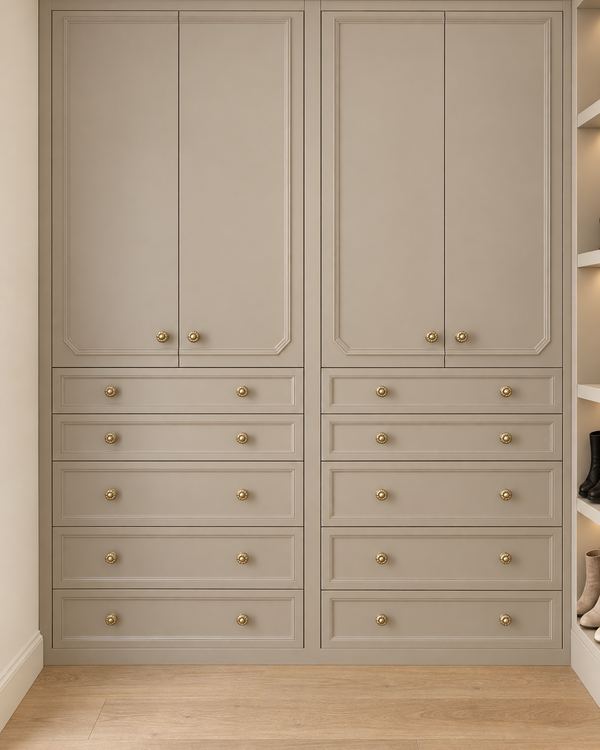 Wardrobe design shown in taupe, with tall doors above banks of drawers and brass knobs