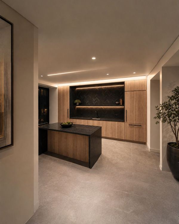 Office pantry with oak cabinetry, a dark stone island and a lit black herringbone tile niche