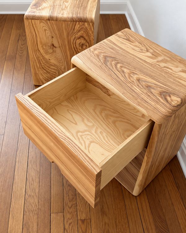 Two solid ash nightstands with waterfall edges, one with its drawer open